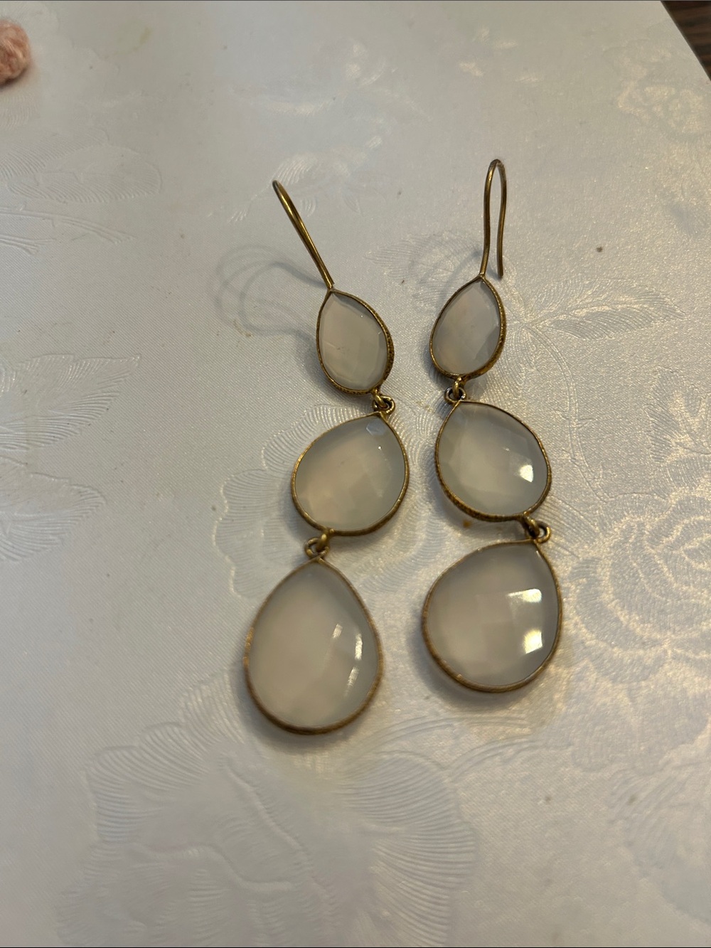 Gold-Trim White Teardrop Triple Drop Earrings